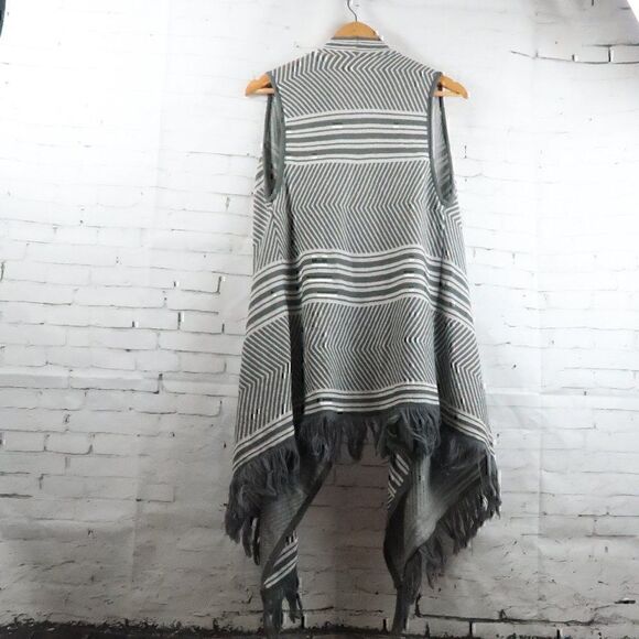 SAX GREY & WHITE STRIPE SLEEVELESS ASYMETRICAL CARDIGAN DUSTER STYLE SWEATER - Picture 8 of 10